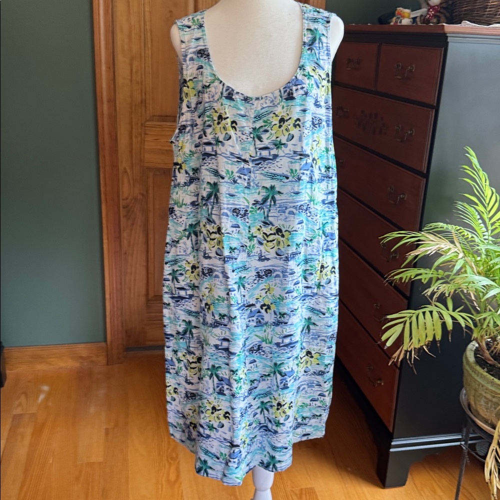 J. Jill Linen Top in Cream, Blue & Green Abstract Print